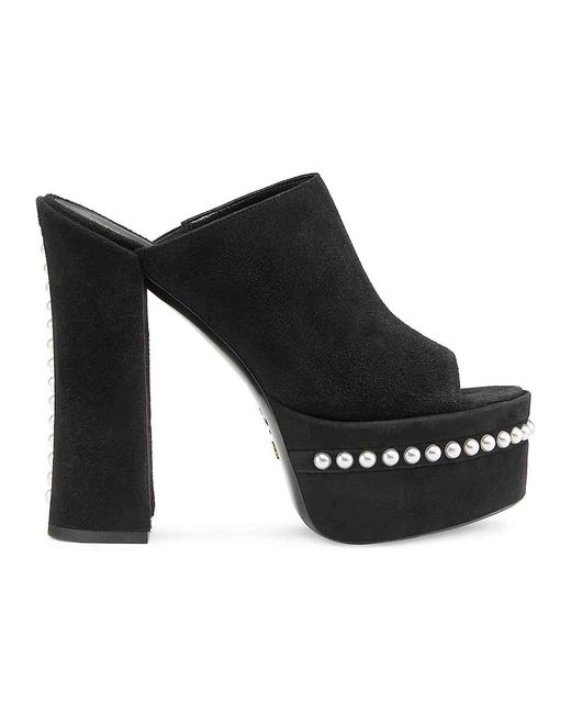 Stuart Weitzman Black Skyhi 145Mm Block Heel Pearl-Studded Goat Suede Platform Mules