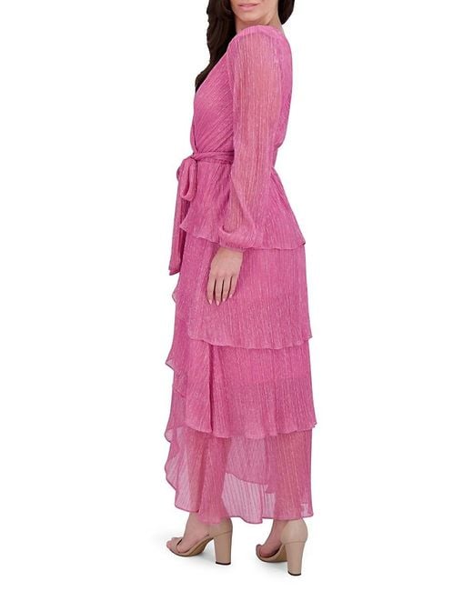Kensie Pink Metallic Pleated Tiered Midi-Dress