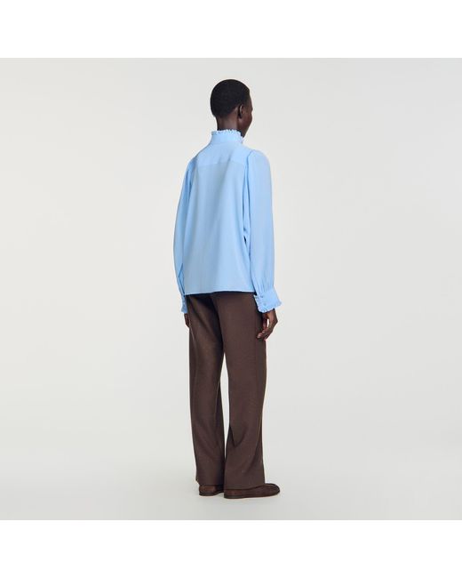 Sandro Blue Silk Shirt With Gathered Collar