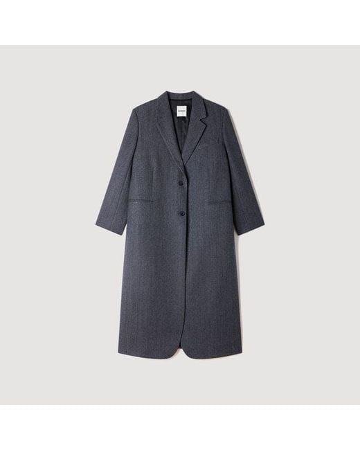 Sandro Blue Long Wool Coat With Rhinestones