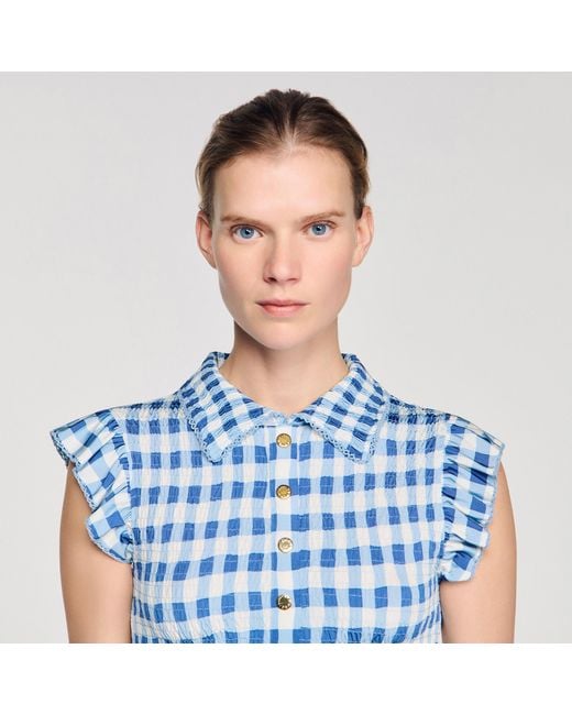 Sandro Blue Check Smocked T-Shirt