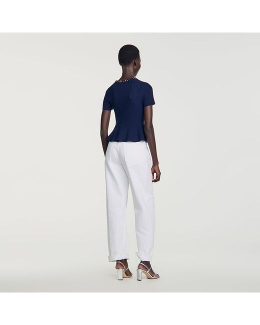 Sandro Blue Peplum Sweater With Rhinestone Neckline