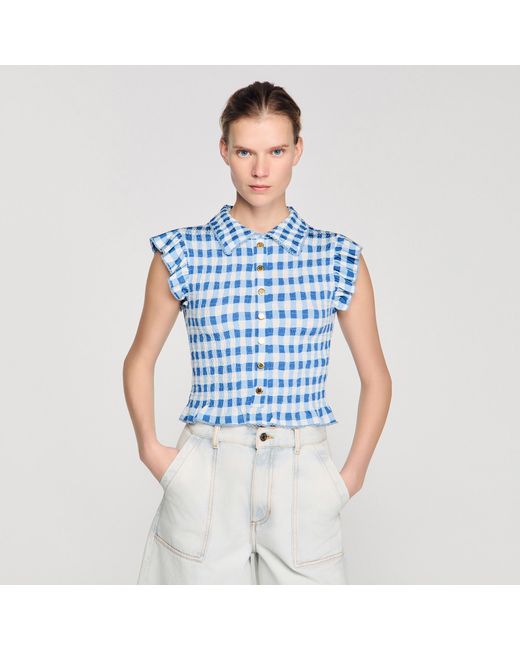 Sandro Blue Check Smocked T-Shirt