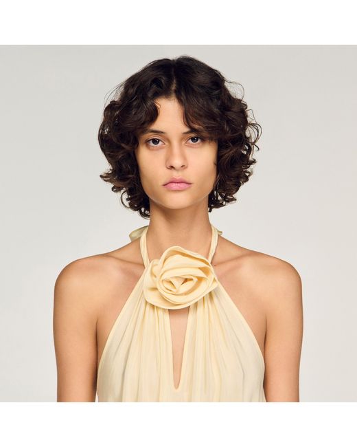 Sandro Natural Linen Maxi Dress With Flower Detail