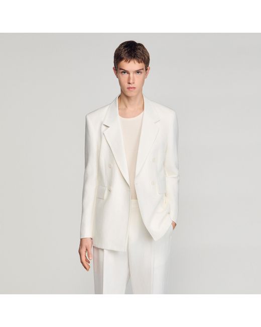 Sandro White Double-Breasted Linen Suit Jacket for men