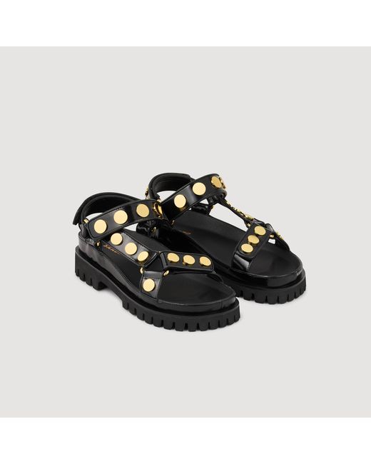 Sandro Black Stud-embellished Tread-sole Flat Leather Sandals