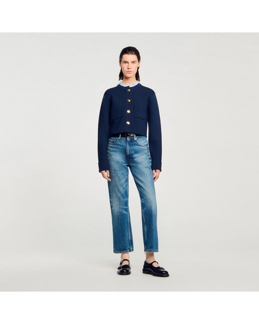 Sandro Blue Cardigan With Ruffle Collar