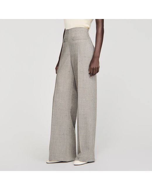 Sandro White Wide-Leg Check Wool Trousers