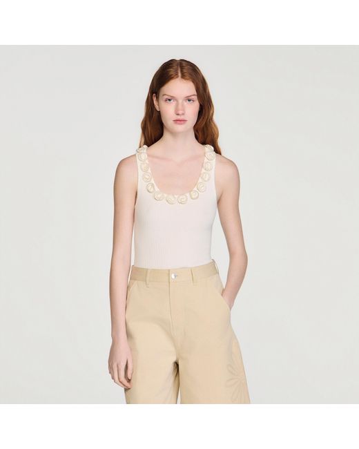 Sandro White Ribbed Jumper With Beaded Roses