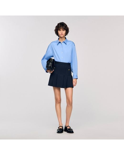Sandro Blue Short Striped Pleated Skirt