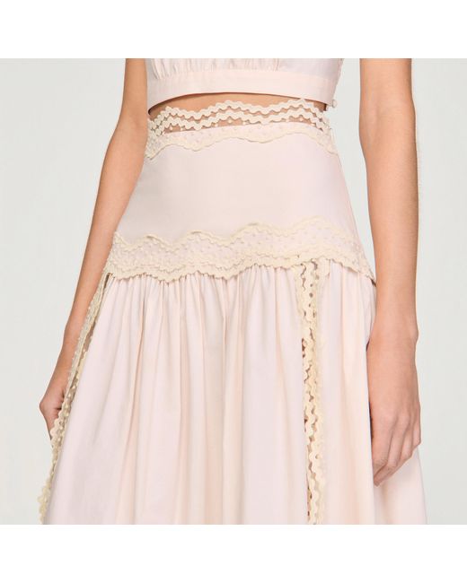 Sandro Pink Long Cotton Skirt With Trim