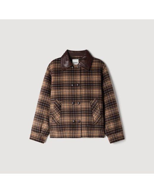 Sandro Blue Check Jacket With Leather Collar