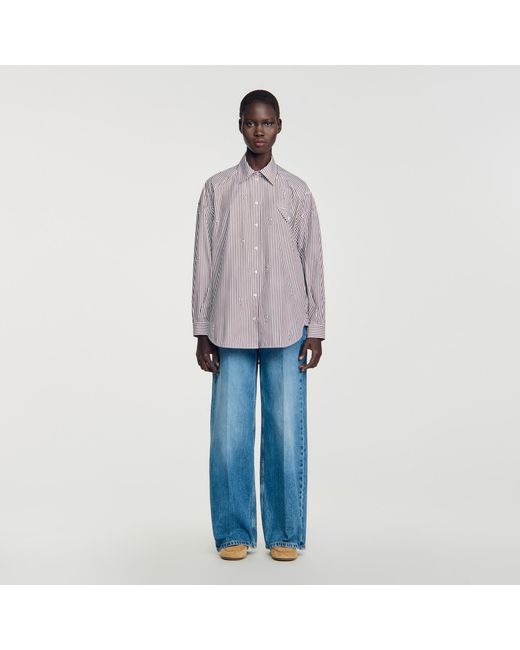 Sandro Blue Oversized Striped Rhinestone Shirt