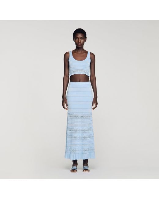 Sandro Blue Pointelle Knit Crop Top