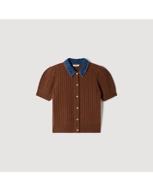 Sandro White Cardigan With Denim Collar