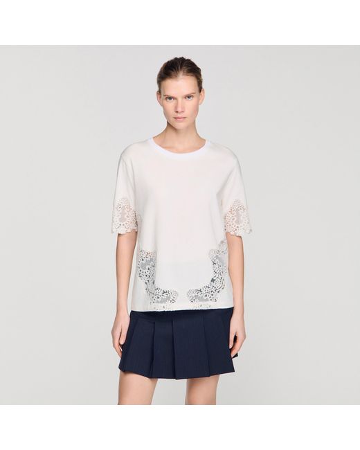 Sandro Blue Cotton T-Shirt With Lace Detail