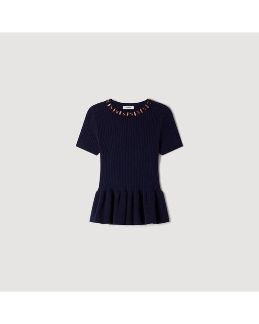 Sandro Blue Peplum Sweater With Rhinestone Neckline