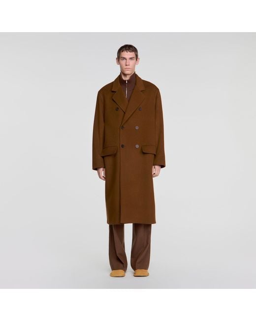 Sandro Brown Double-Breasted Wool-Cashmere Coat for men