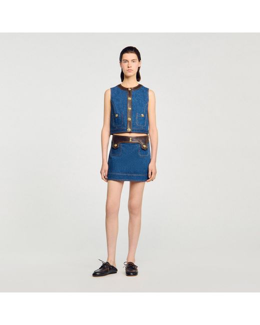 Sandro Blue Denim And Leather Top