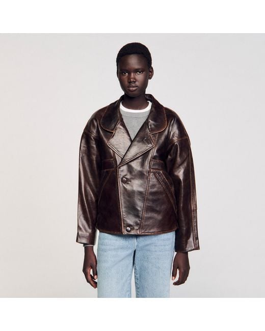 Sandro Black Oversized Leather Jacket