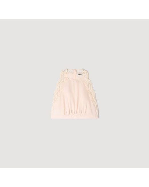 Sandro Pink Cotton Crop Top With Lace Trim