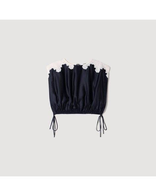 Sandro Blue Contrast Lace Crop Top