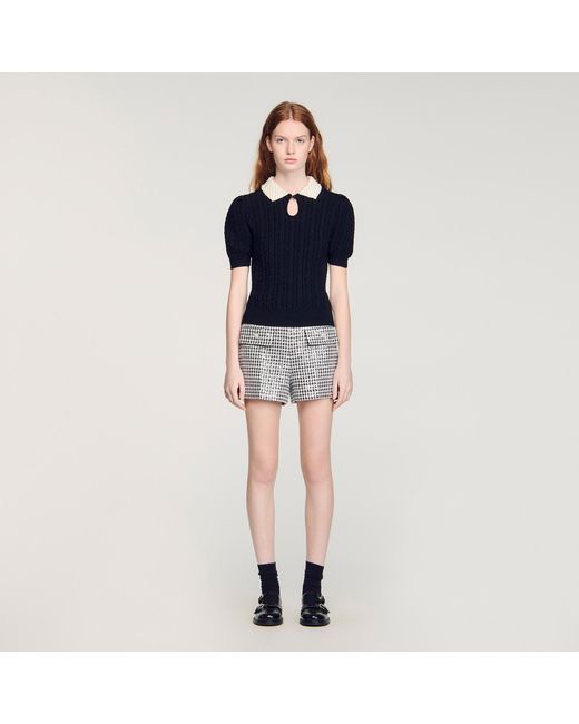 Sandro Blue Pearl Collar Cable Knit Jumper