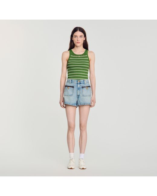 Sandro Blue Denim Shorts With Leather Detail