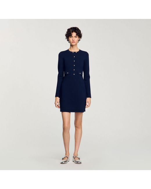 Sandro Blue Short Button-Up Knit Dress