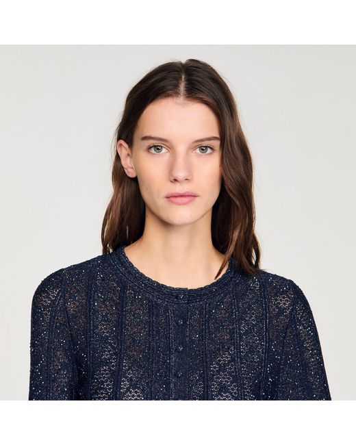 Sandro Blue Strass Knit Cropped Cardigan