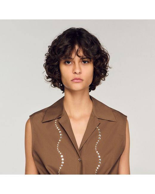 Sandro Brown Rhinestone Cropped Shirt