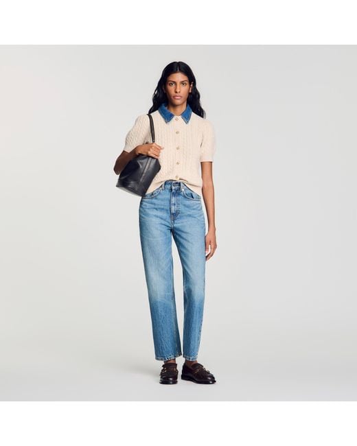 Sandro Blue Cardigan With Denim Collar