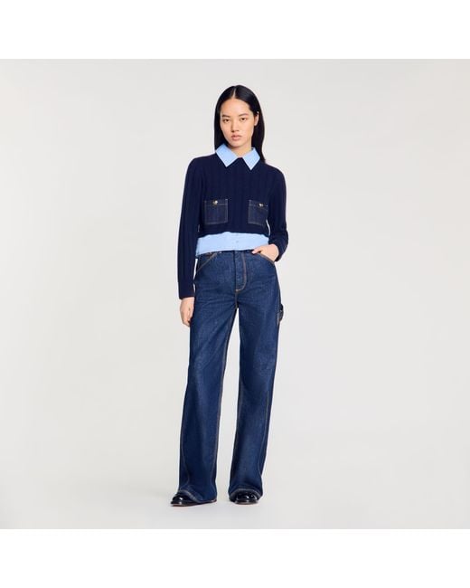 Sandro Blue Cropped Wool And Cashmere Jumper