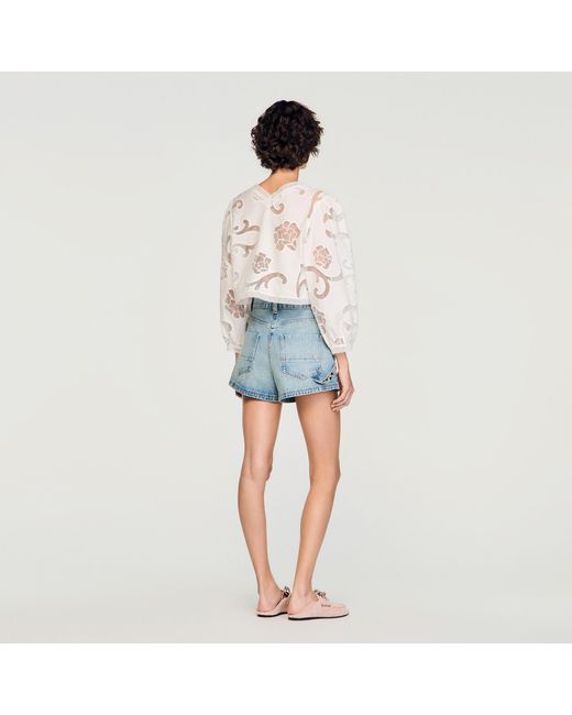 Sandro Blue Floral Openwork Crop Top