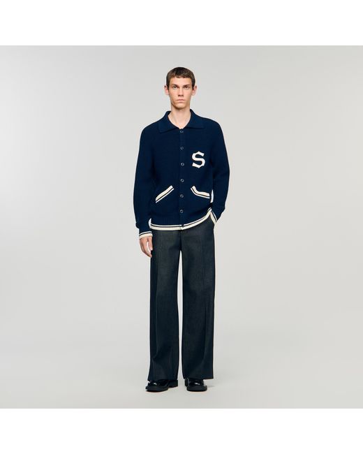 Sandro Blue Wool Cardigan With Patch S for men