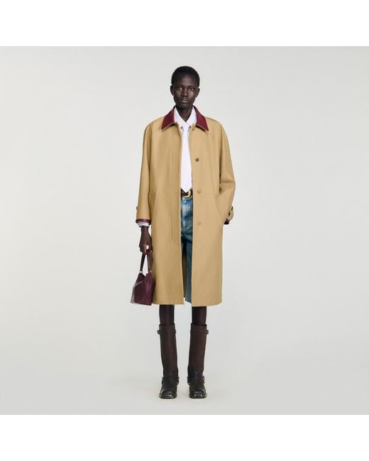 Sandro Metallic Trench Coat With Leather Collar