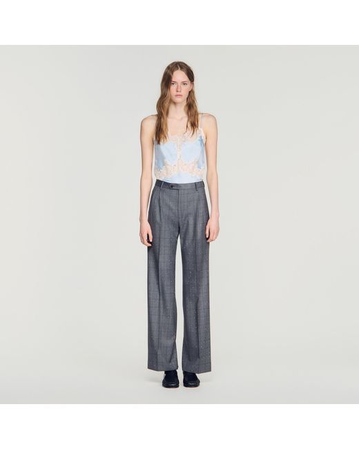 Sandro Blue Rhinestone Check Wool Trousers