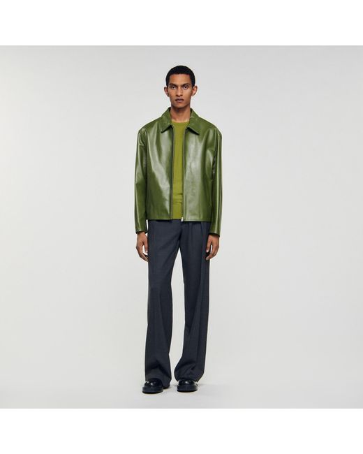 Sandro Green Zip-Up Leather Jacket for men