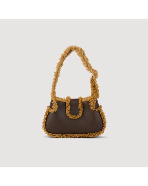 Sandro Brown Shearling-Trimmed Leather Top-Handle Bag