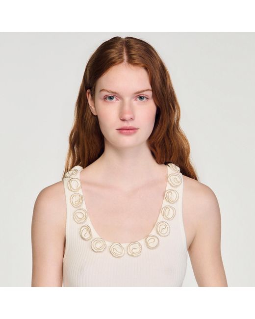 Sandro White Ribbed Jumper With Beaded Roses