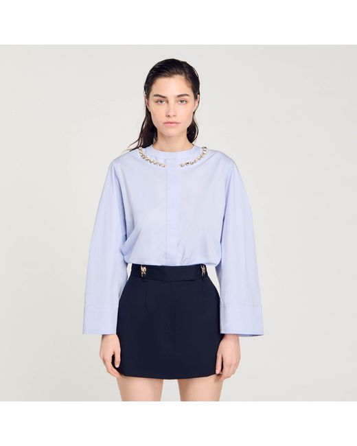 Sandro Blue Cropped Shirt With Jewel Trim Collar