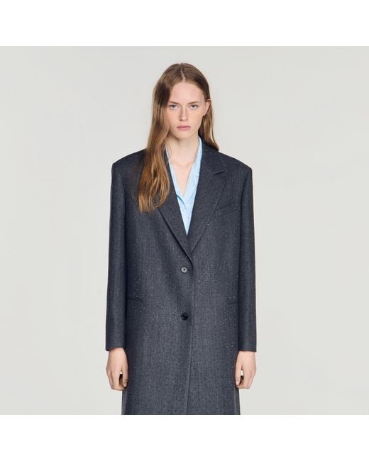 Sandro Blue Long Wool Coat With Rhinestones