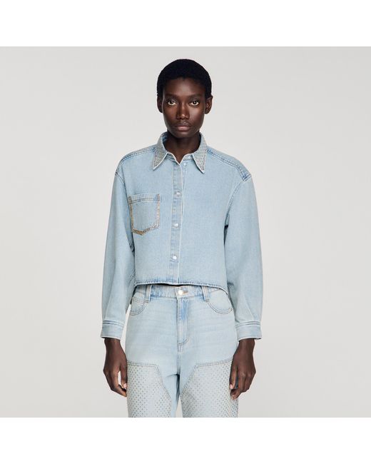 Sandro Blue Rhinestone Cropped Denim Shirt
