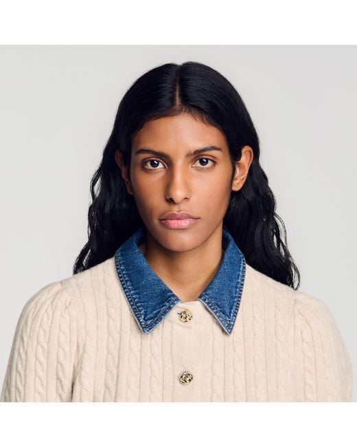 Sandro Blue Cardigan With Denim Collar