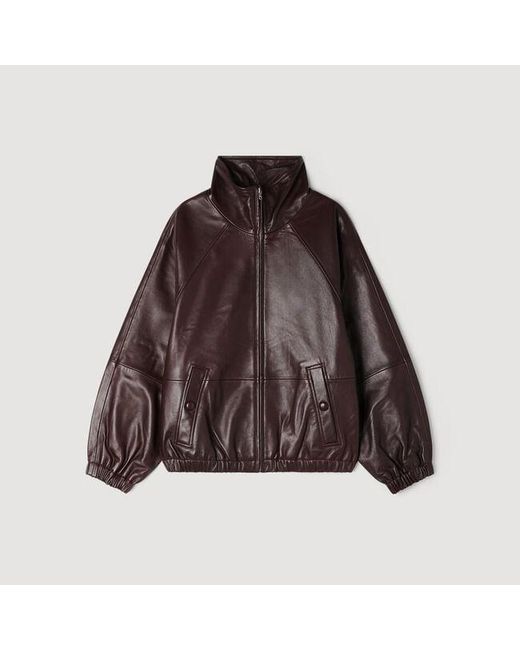 Sandro Brown Oversized Zip-Up Leather Jacket