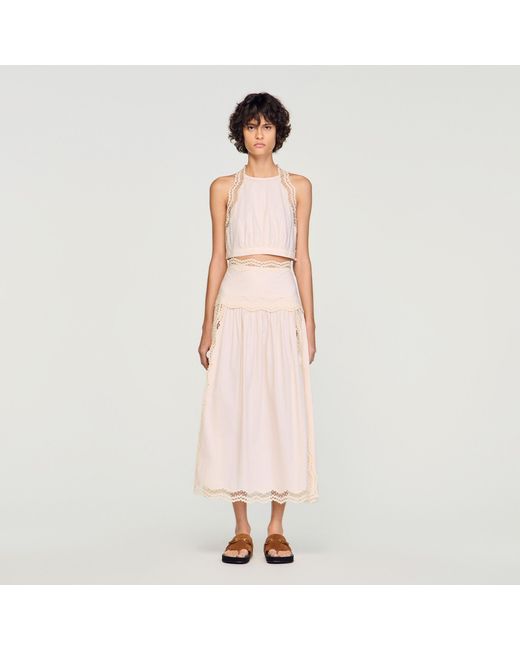 Sandro Pink Long Cotton Skirt With Trim