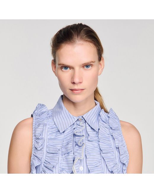Sandro Blue Striped Ruffled Shirt