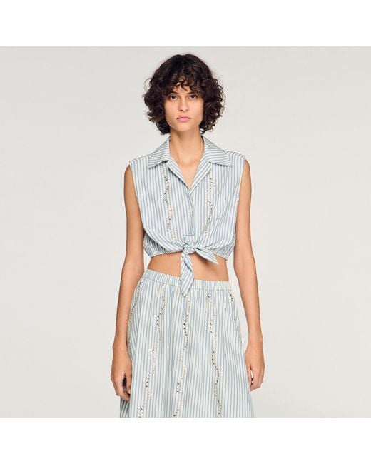 Sandro White Cropped Striped Rhinestone Shirt