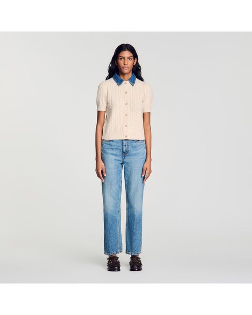 Sandro Blue Cardigan With Denim Collar