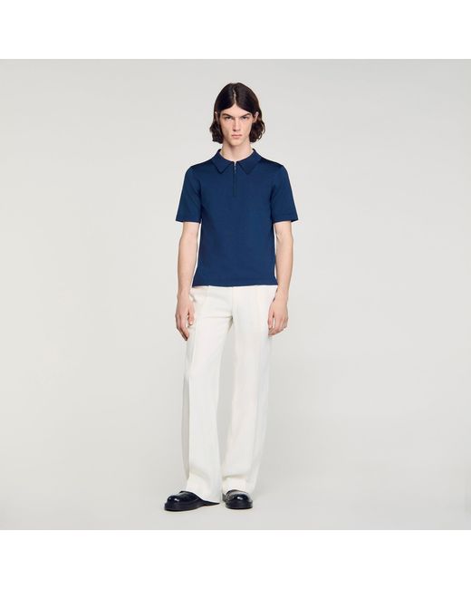 Sandro Blue Knitted Polo Shirt With Zip Collar for men